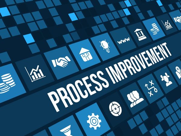 Illustration of process improvement with related icons on a blue digital grid.