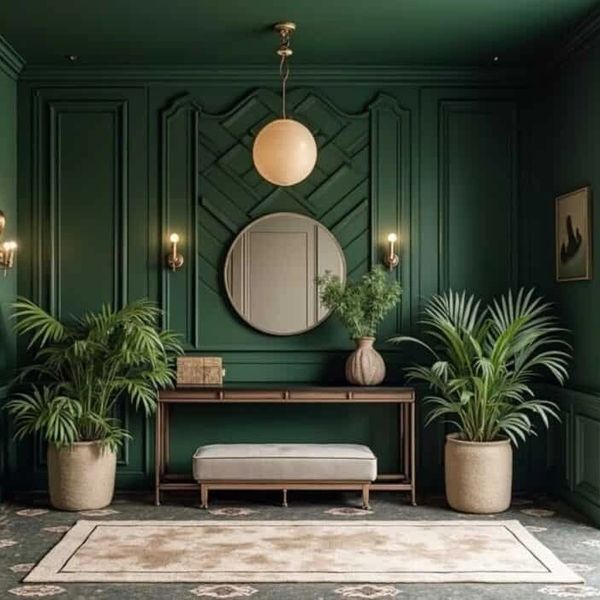 Elegant green room with plants, a round mirror, and cozy bench seating.