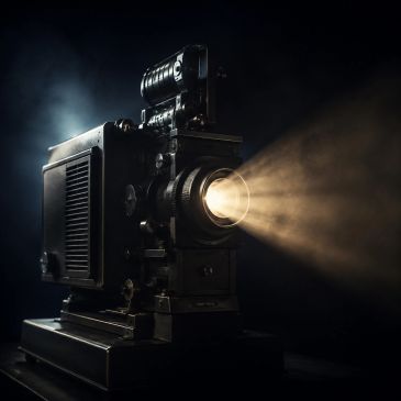 Vintage film projector casting light.