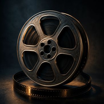 Close-up of vintage film reel with unspooled filmstrip.