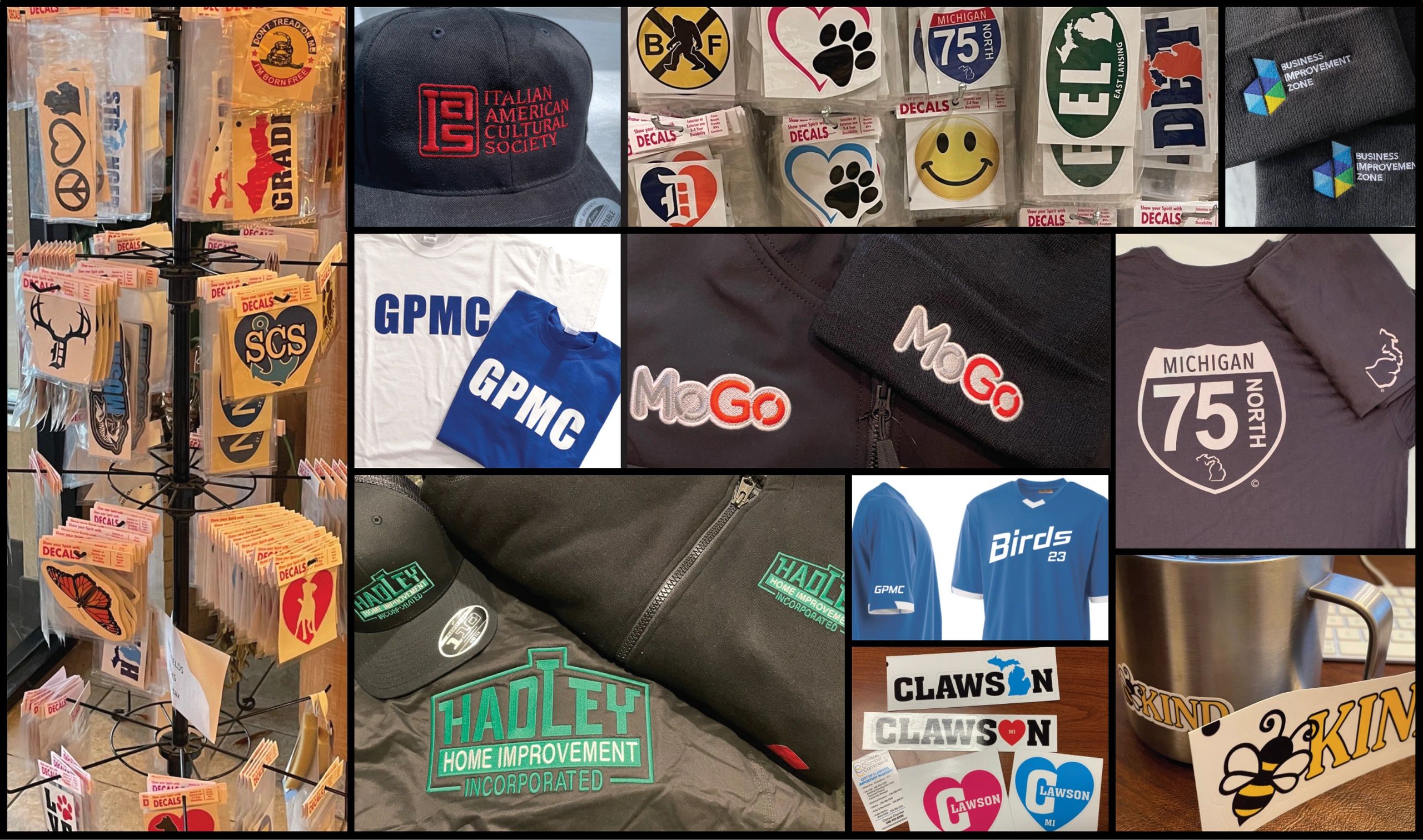 decals, apparel, silkscreening, emroidery, banners, yard signs
