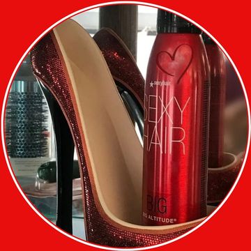 Mitchell's Salon Bethel Sexy Hair Mouse sitting in red sparkle high heeled pump 