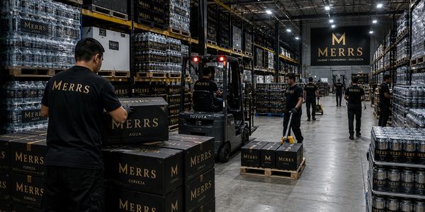 Trabajadores en un almacén de bebidas.