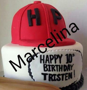 A birthday cake with a red cap and 'Happy 10th Birthday Tristen!' message.