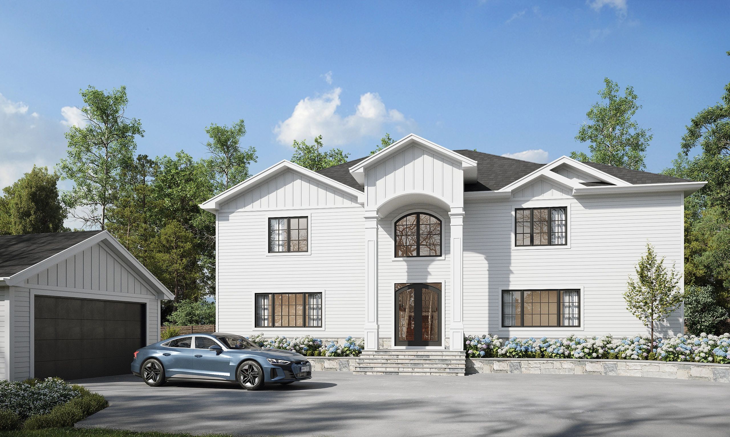 Modern white two-story house with black windows and a blue car parked outside.