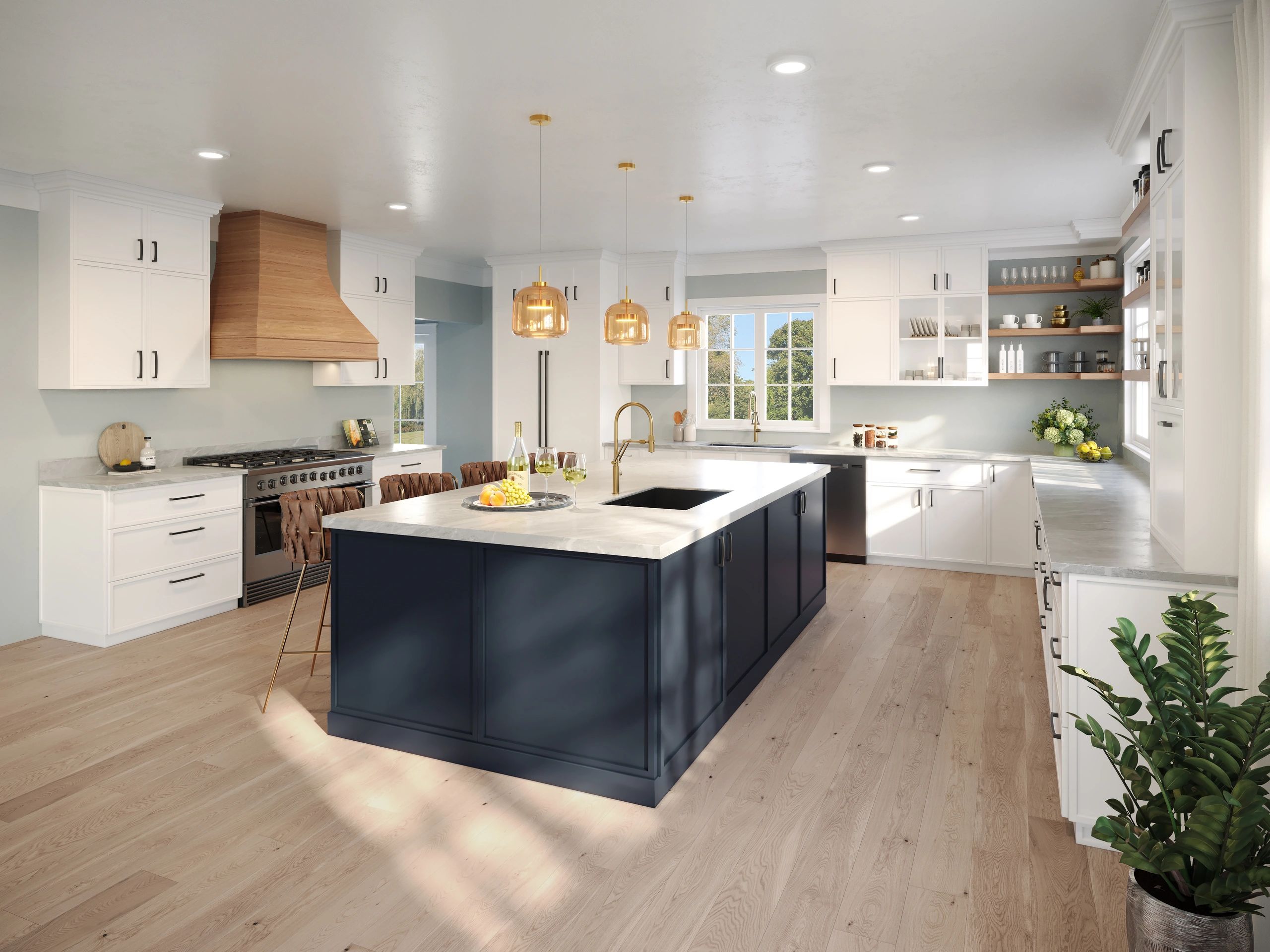 Modern kitchen with navy island, white cabinets, wooden accents, and gold pendant lights.