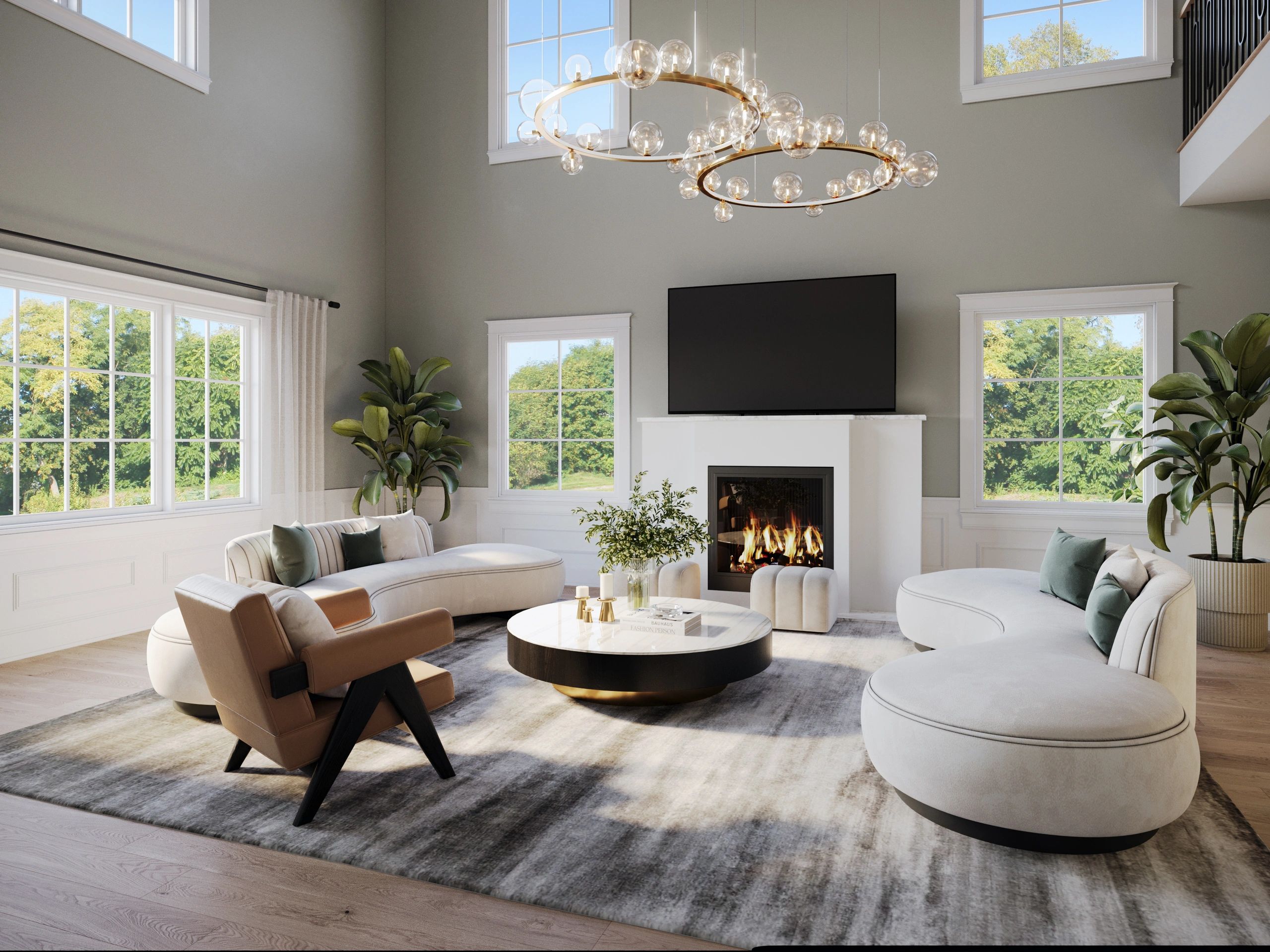 Elegant living room with modern circular sofas, a fireplace, and large windows.