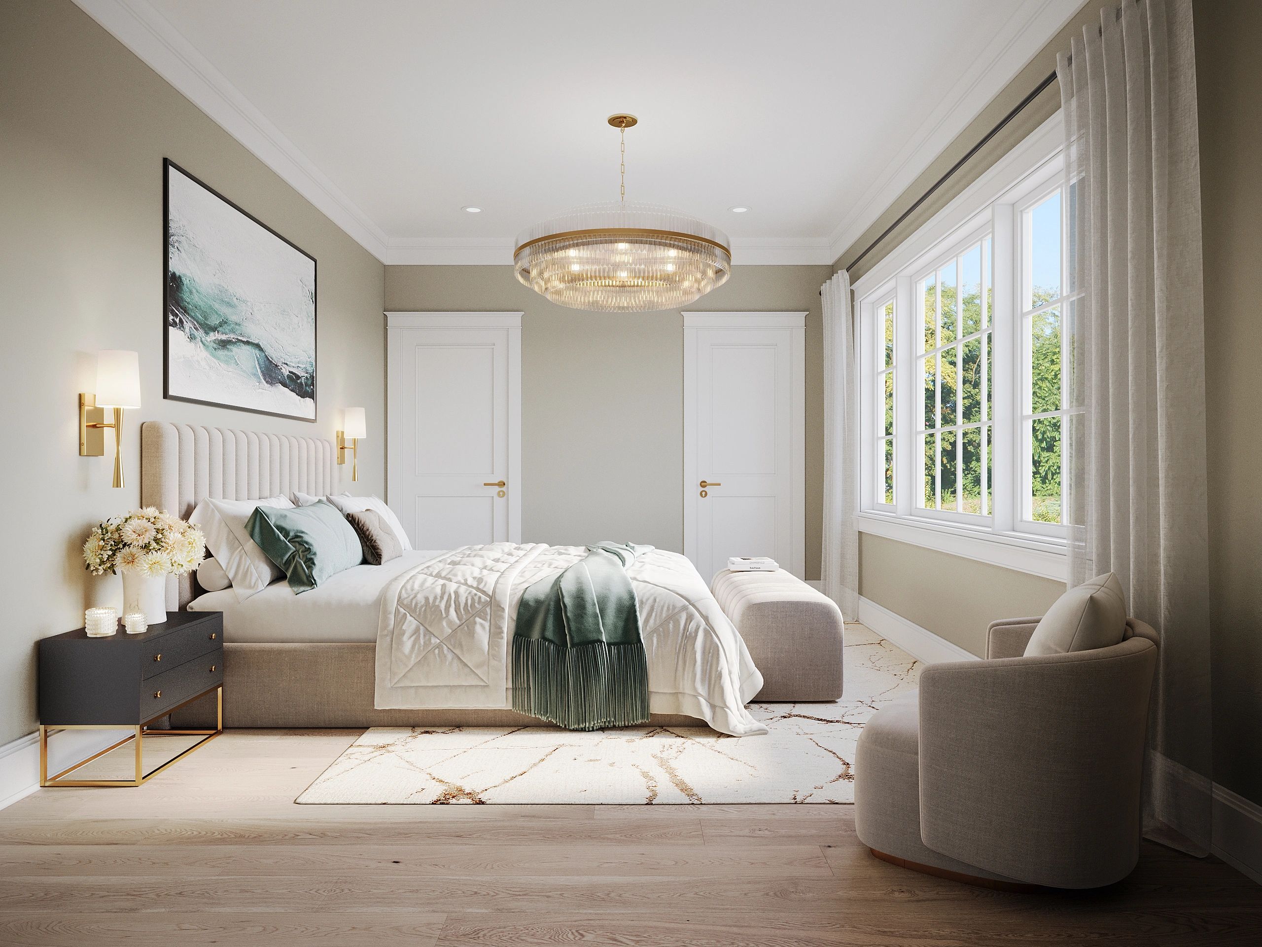 Bright, modern bedroom with neutral tones and elegant lighting.