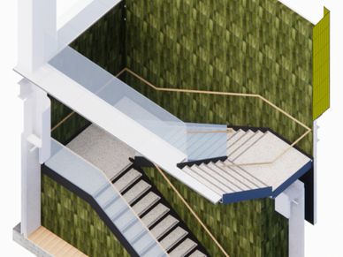 Architectural rendering of a modern stairwell with green textured walls and sleek handrails.