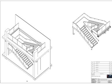 Isometric drawing of a staircase structure with detailed views and annotations.