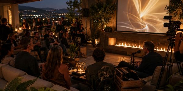 Outdoor movie night with a cozy group around firelight.