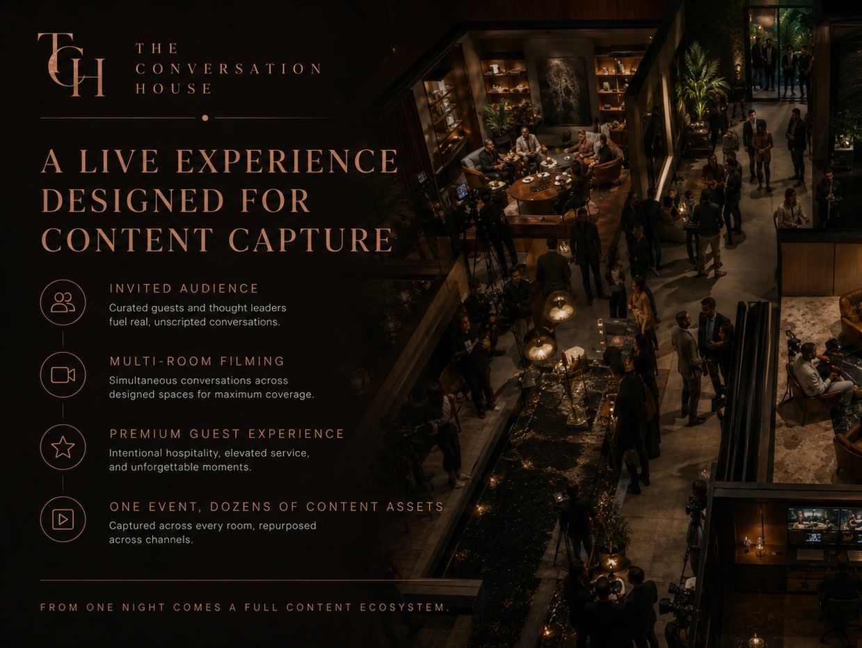 The Conversation House offers a live content capture experience with multi-room filming and premium hospitality.