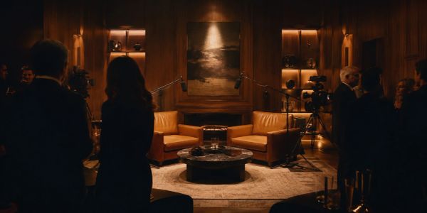 A dimly lit room with people and two armchairs.