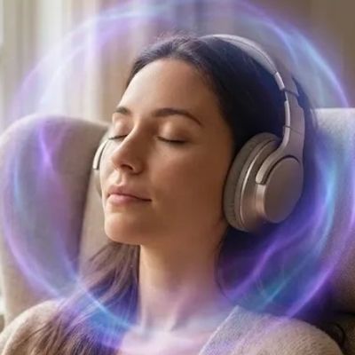 A lady with earphones looking like she is in harmony. 