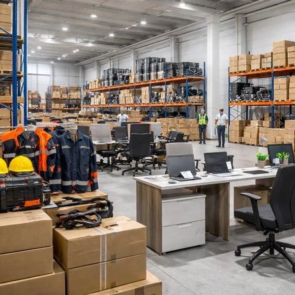 Modern warehouse with office setup and safety gear.