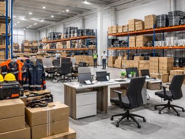 Modern warehouse with office setup and safety gear.