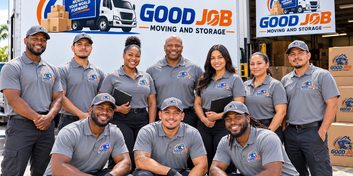 Team of movers posing in front of branded trucks and boxes.