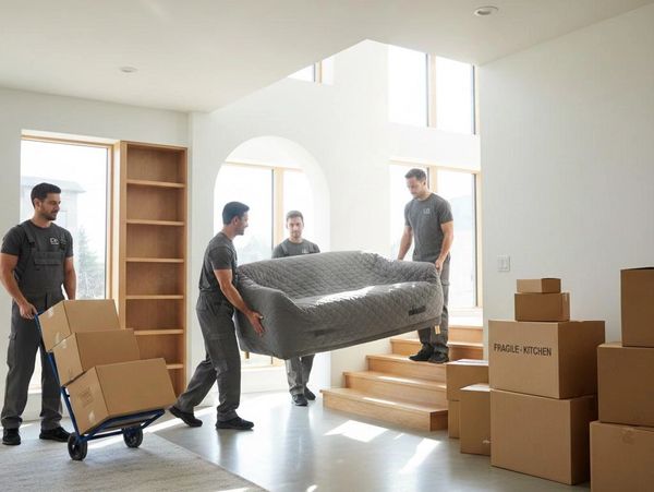 Four movers carrying a sofa and boxes inside a house.