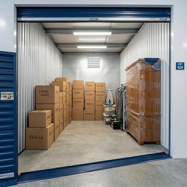 Storage unit with labeled boxes and wrapped furniture.