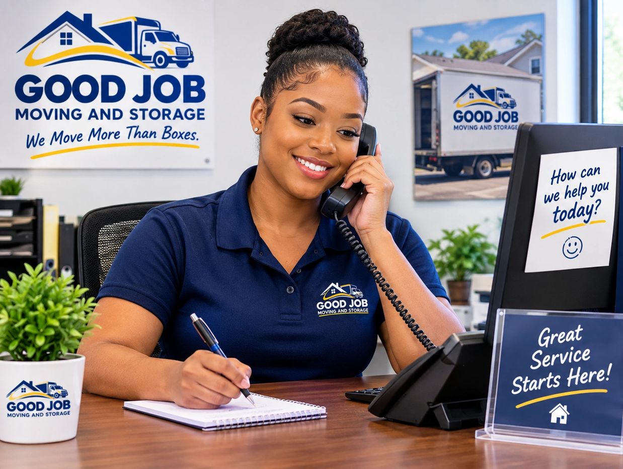 Smiling customer service woman on phone at Good Job Moving and Storage.