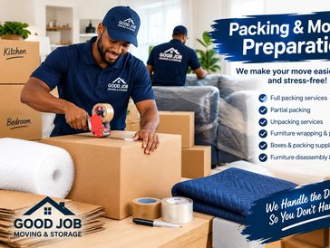 Two movers packing boxes with branded uniforms in a cozy room.