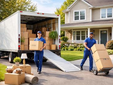 Two movers unloading boxes in front of a house.