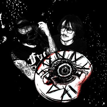 Two tattooed individuals against a black background with an eye graphic overlay.