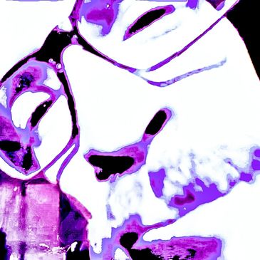 A high-contrast, purple-tinted close-up of a person wearing glasses.