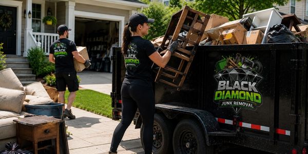 Workers loading junk into a Black Diamond Junk Removal trailer.