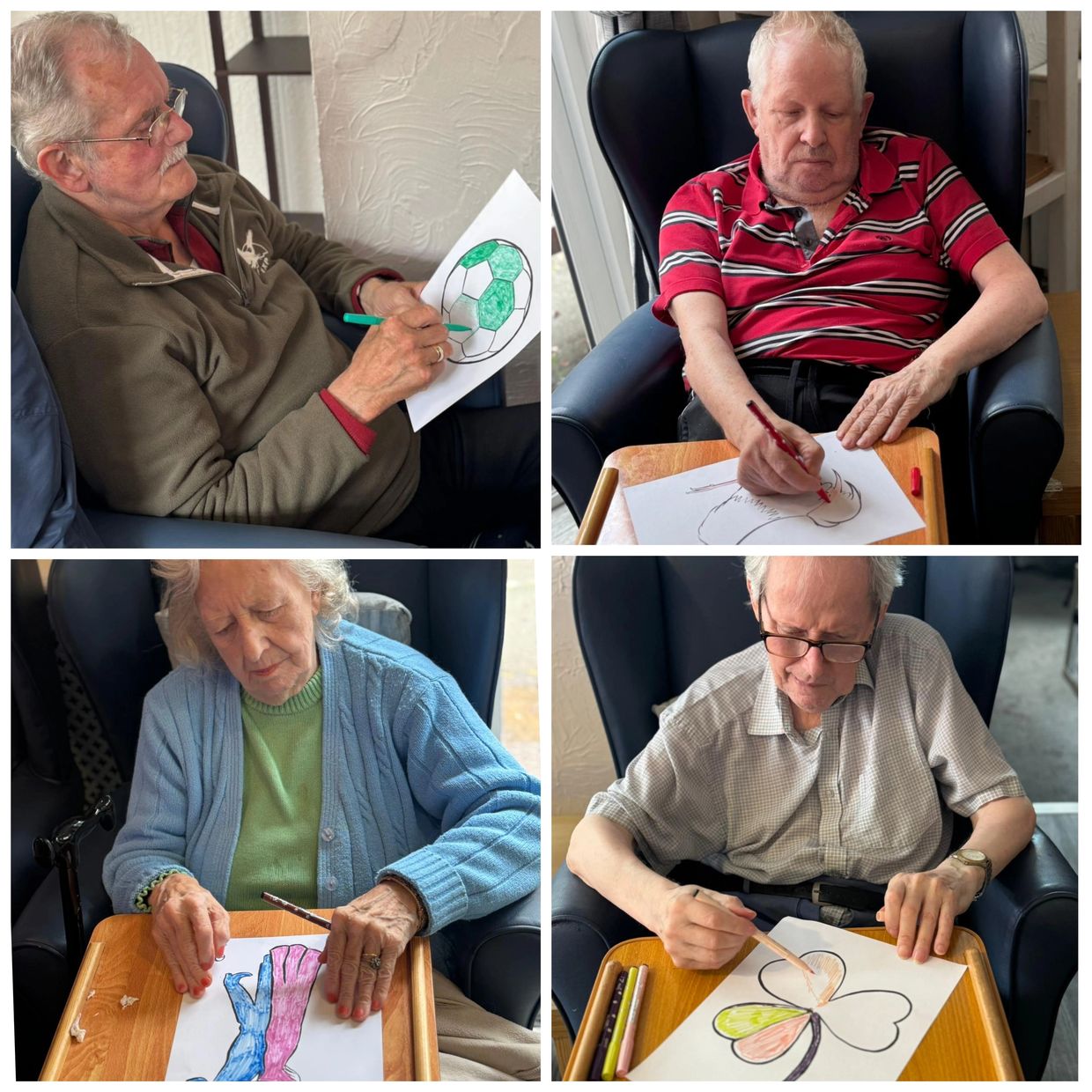 Four elderly people coloring pictures while sitting in chairs.
