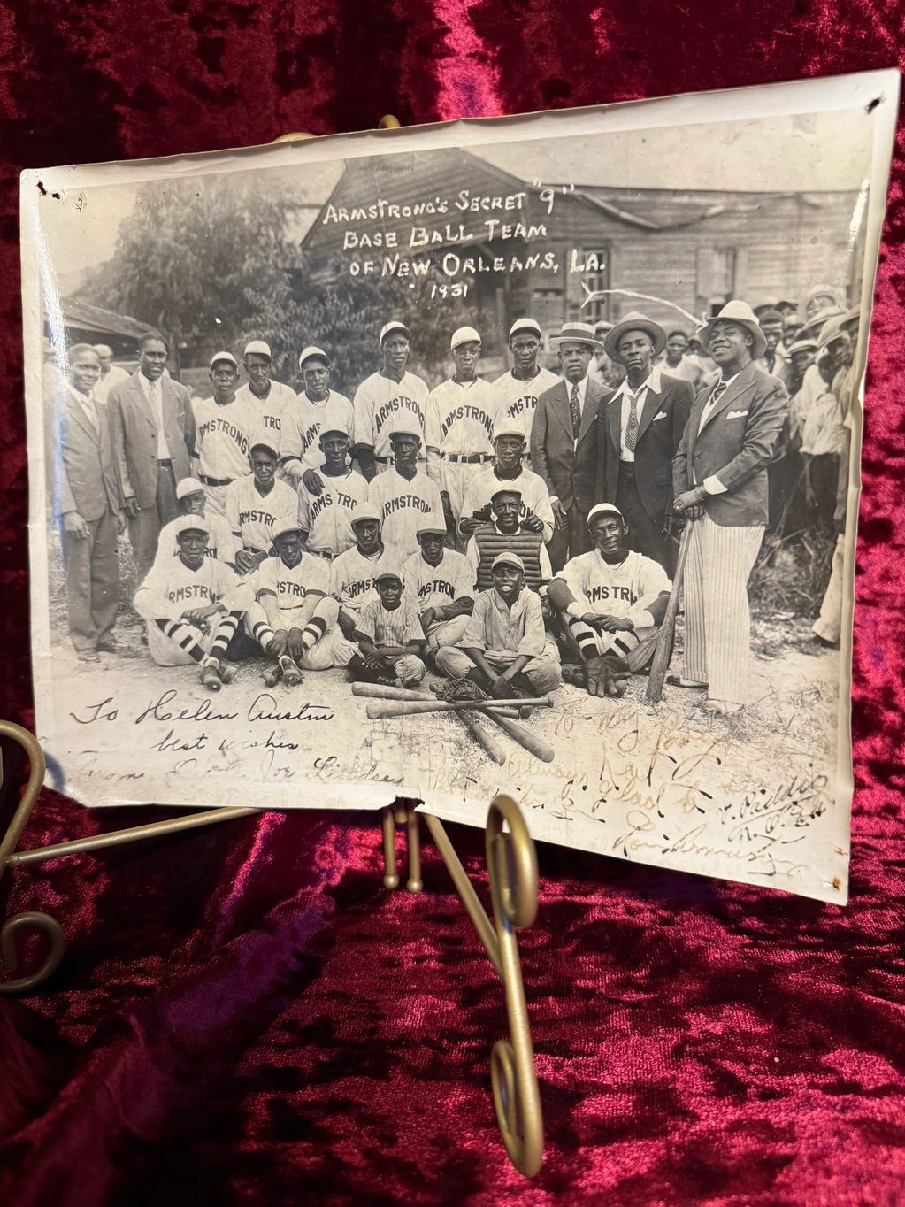 1931 Armstrong's Secret 9 baseball team of New Orleans, posing for a group photo.