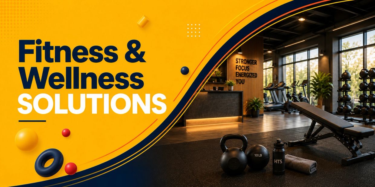 Modern gym interior promoting fitness and wellness solutions.