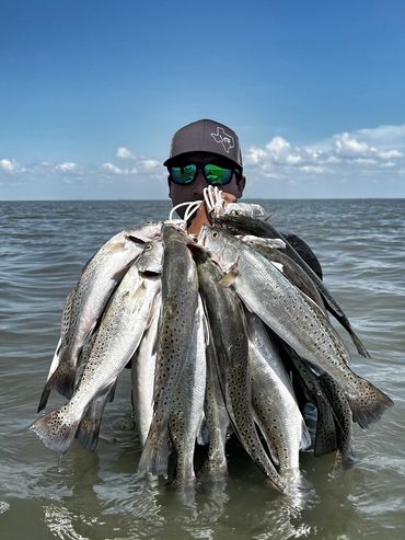 Wade fishing for speckled trout in West Galveston Bay