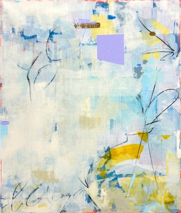 Abstract painting with soft blues and yellows.
