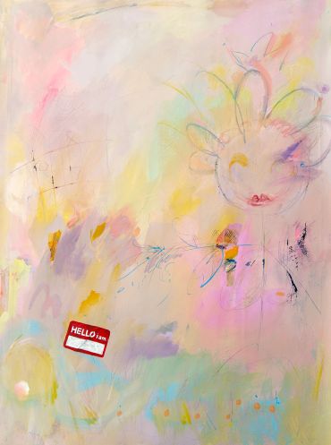 Abstract pastel painting with a red "Hello I am" sticker.