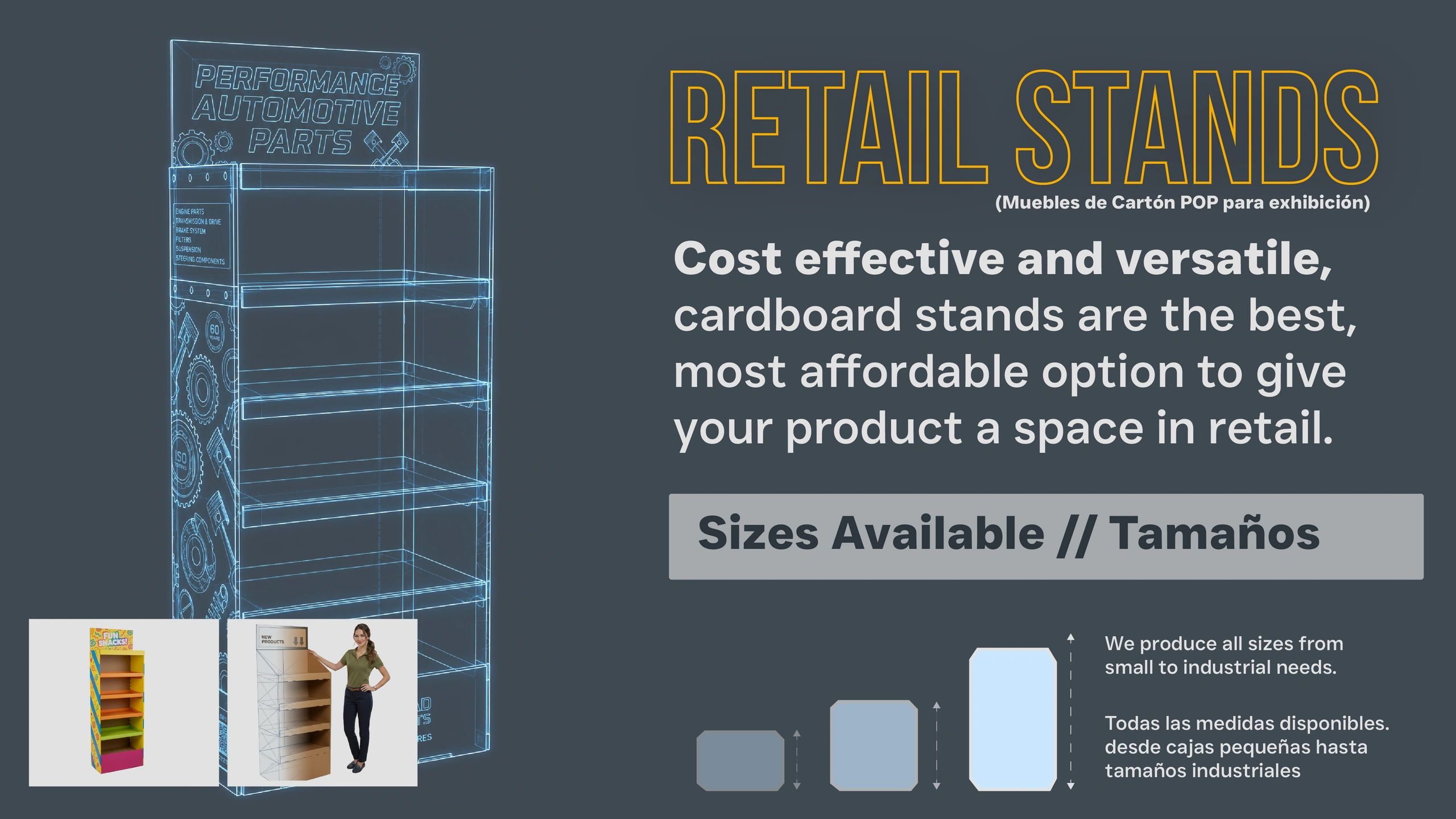 Cardboard retail stands for showcasing products, cost-effective and versatile.