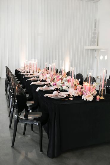 Black and pink wedding reception tablescape