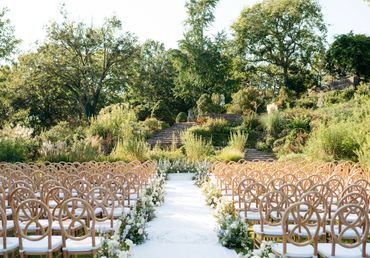 Wedding ceremony, blue and white wedding garden ceremony