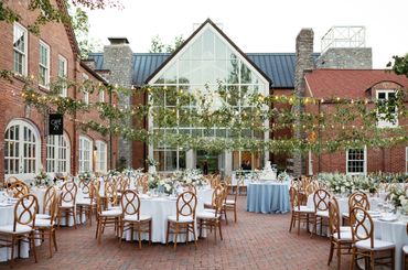 courtyard garden inspired wedding reception, white and blue wedding
