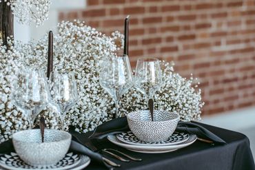black and white wedding tablescape 