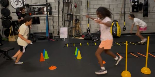 Children engaging in a fun agility training session indoors with cones and ladders.