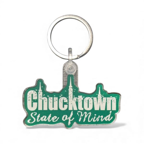 Green keychain with 'Chucktown State of Mind' text.