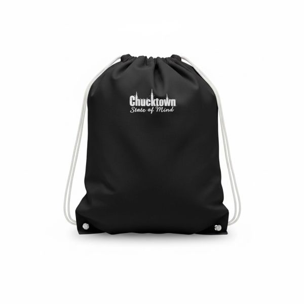 Black drawstring bag with "Chucktown State of Mind" text and city skyline design.