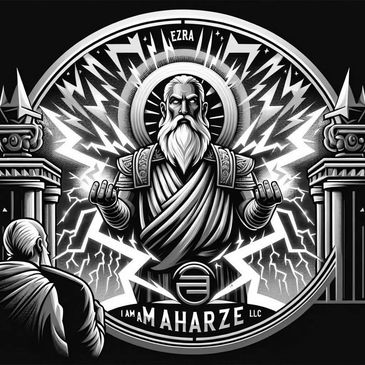 A powerful godlike figure named Ezra with lightning energy and ancient pillars.
