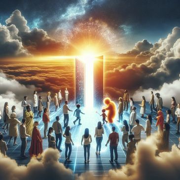 People gather around a glowing portal in the clouds, symbolizing transition or enlightenment.