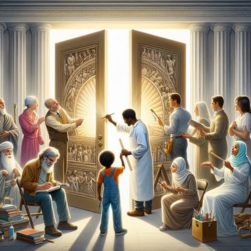 Artists and diverse individuals painting a grand illuminated door in a classical setting.