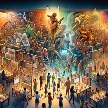 A vibrant, large art exhibition with diverse people and glowing paintings in a spacious gallery.