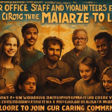 A diverse group of people smiling together under a warm, welcoming sign.