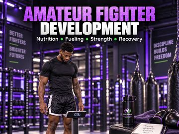 A man on a scale in a gym focusing on amateur fighter development.
