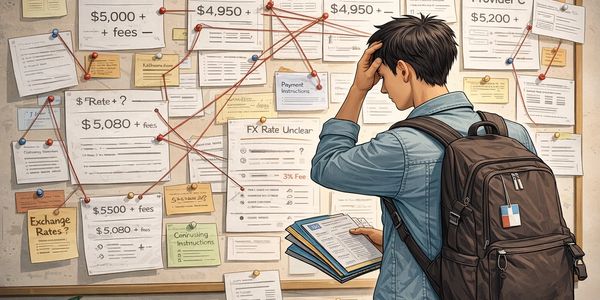 A man studies a complex board of financial notes and exchange rates, looking confused.